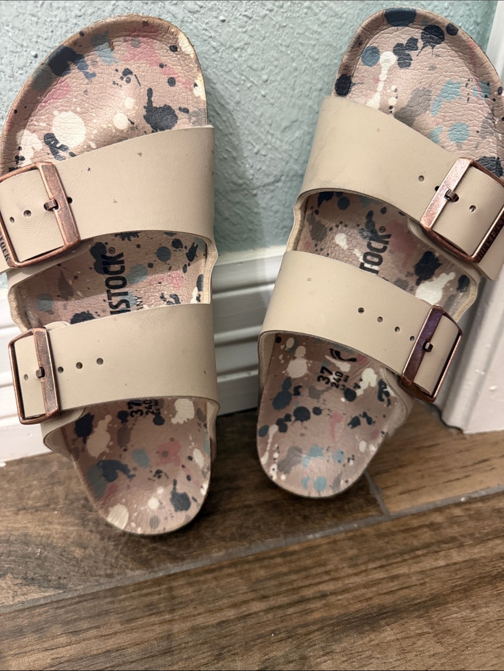 Birkenstock Two-Strap Sandals - Beige Straps with Multicolor Speckled Footbed